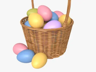 Easter Eggs in Wicker Basket with Handle 3D model
