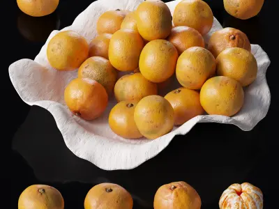 Tangerines in a clay bowl Low-poly 3D model