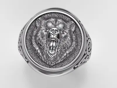 Men ring with a bear and an ornament 3D print model