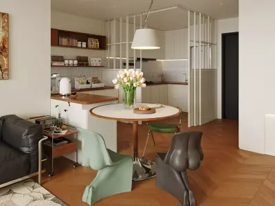 Scandinavian Japandi Kitchen and Living Area with Coffee Bar 3D model