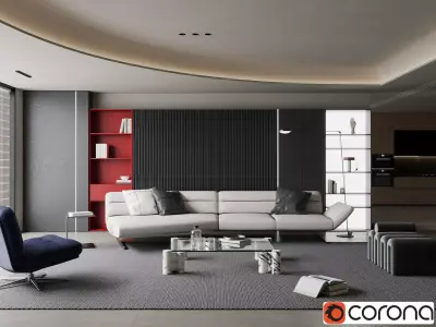 Modern Luxury Living Space with Open Kitchen 3D model