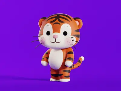 Cartoon Tiger Chibi Kawaii Character Rigged Animated Low-poly 3D model