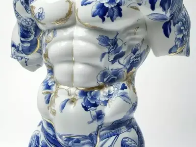 Porcelain Male Torso Artistic Ceramic Sculpture Floral Low-poly 3D model