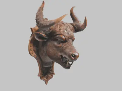 Carved Wooden Bull Head Wall Mount Low-poly 3D model