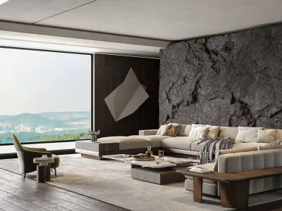 Modern Luxury Living Room with Stone Wall 022 3D model