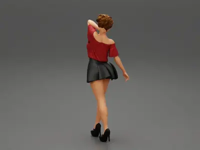 Girl walking wrearing a mini leather skirt and shirt 3D print model