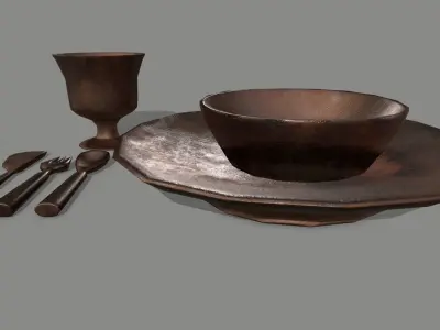 Medieval Set wooden chair Low-poly 3D model