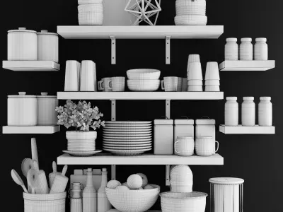 Kitchen accessories on wood shelves 3D model