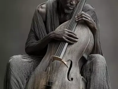 Sculptural Bass Player Elderly Man Double Bass 3D Low-poly 3D model