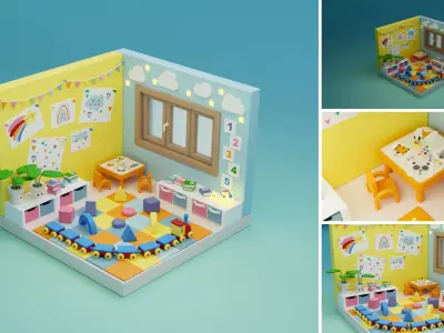 Cozy Cartoon Profession Rooms Interior 3 Low-poly 3D model