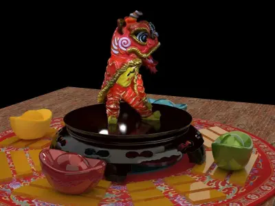 Chinese lion dance figure and yuanbao  3D model