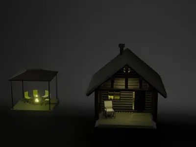 Country wooden house with a gazebo PBR low-poly game ready Low-poly 3D model