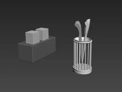 flatware toilet brush and wooden box Free 3D model