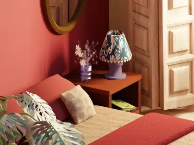 cosy burgundy bedroom Low-poly 3D model