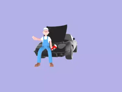 Stylized 3D Mechanic Sitting on Car Bumper - Cartoon  3D model