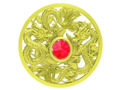 Double Dragon Circle Pendant with Red Cabochon Center 4041 3D print model