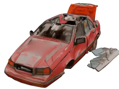 Derelict red car amid debris 3D model