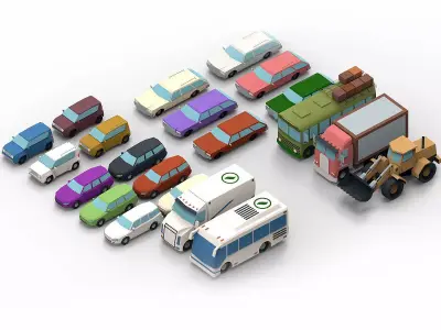 collection cars different colored and trucks Low-poly 3D model