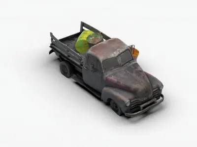 Ruined truck with Barrel destroyed vihicle Low-poly 3D model