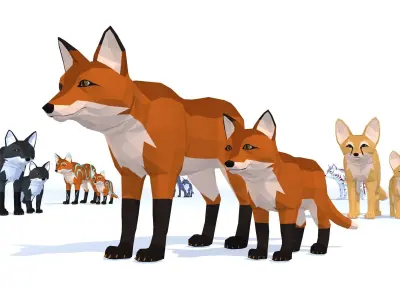 LowPoly Foxes pack Low-poly 3D model