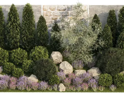 Garden with alpine slide bushes of thuja and lavender 1265 3D model