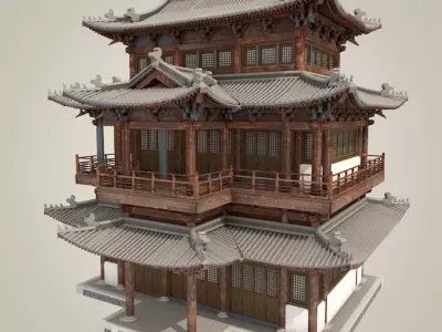 Chinese retro three-story Ming and Qing ancient building 3D model