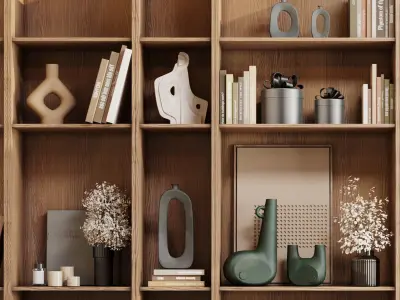 wooden Shelves Decorative With Plants and Book - wooden Rack 25 3D model
