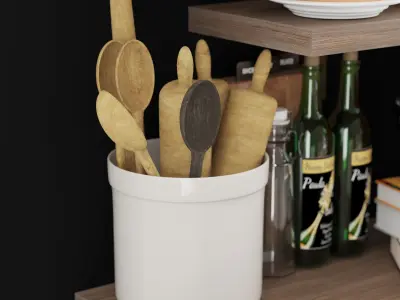 Kitchen accessories on wood shelves 3D model