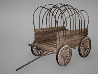 Carriage Low Poly Game Ready wooden covered wagon Low-poly 3D model