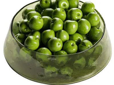 Low Glass Bowl with Green Plums 3D model
