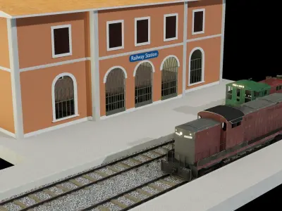 Railway station and two diesel locomotive 3D models Low-poly 3D model