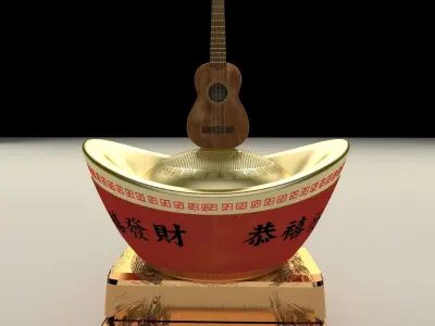 Chinese gold ingot with ukulele 3D model