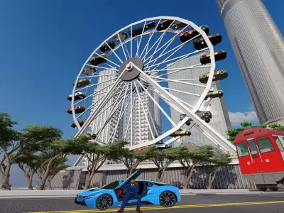 Ferris Wheel with sports cars cart  Low-poly 3D model