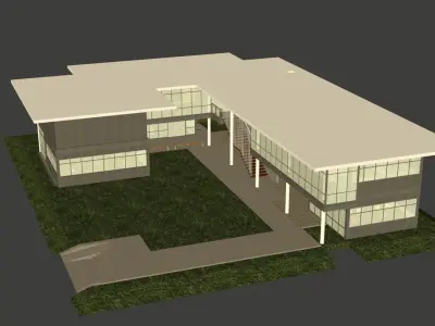 Office building with open green area  entrance 3D model
