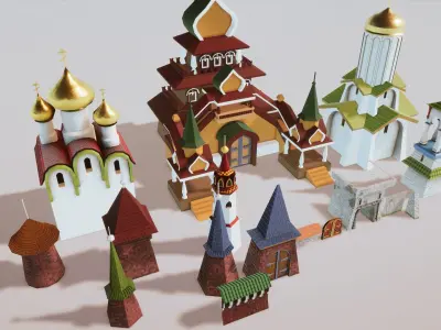 Stylized Medieval Town Props Kit 15 Items Low-poly 3D model