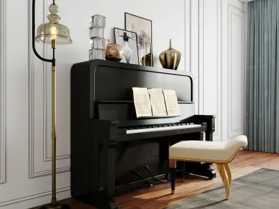 Furniture set piano with gold accents and lamp 3D model