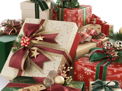 Christmas Gifts Boxes with Ribbons and Pine 3D model