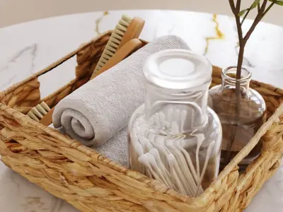 Set of bath accessories in a basket 3D model