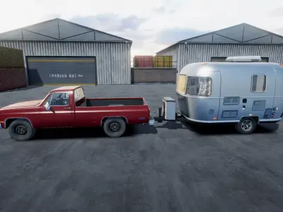 Pickup truck with small camper trailer Unity 3d asset Low-poly 3D model