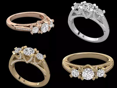 Luxury Three Stone Diamond Ring CAD Design With Pave Shank 3D print model