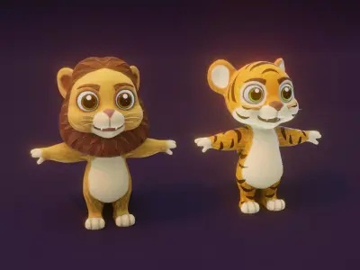 Cartoon Animated Lion and Tiger 3D Model Collection Low-poly 3D model