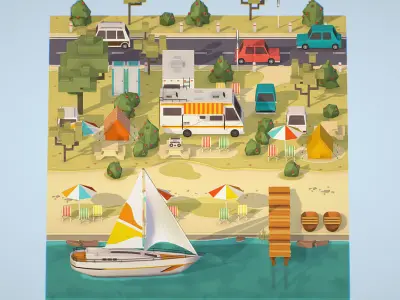 isometric camping big scene on the river Low-poly 3D model