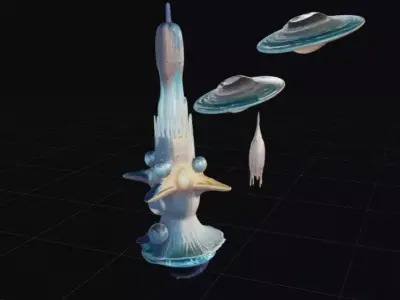 Statue of Futuristic Building and 2 UFOs Low-poly 3D model
