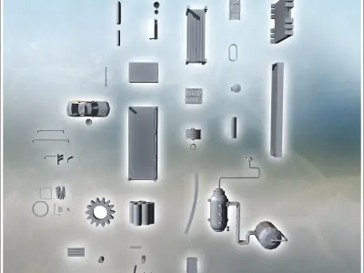 Set of modern outdoor accessories with car carcass advertising s 3D print model