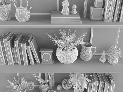 Decorative set shelves with plants and books Low-poly 3D model