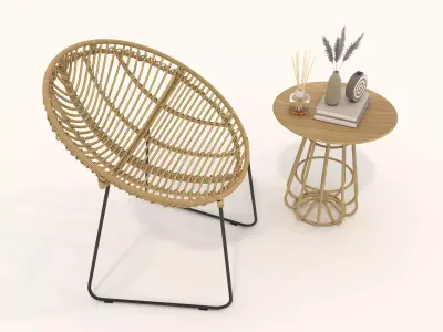 Rattan Coffee Table and Chair Set 3D model
