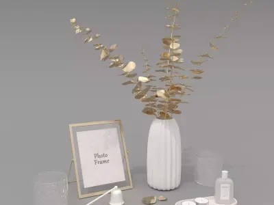 Decorative Set Vase With Golden Flowers 3D model