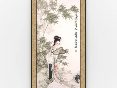Chinese Hanging Scroll Brush Painting - Lady in Bamboo Grove 3D model