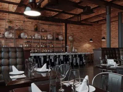Industrial style restaurant interior Low-poly 3D model