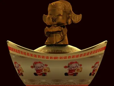 Chinese gold ingot with god of weathy 3D model